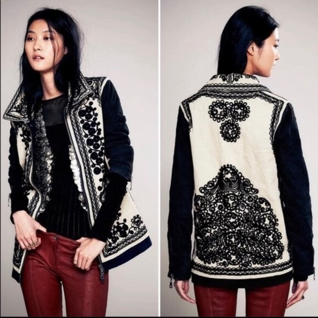 Free People Black And Cream Embroidered Jean Jacket